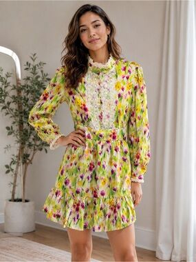 Floral Lace-Trim Long Sleeve Mini Dress - Yellow & Pink